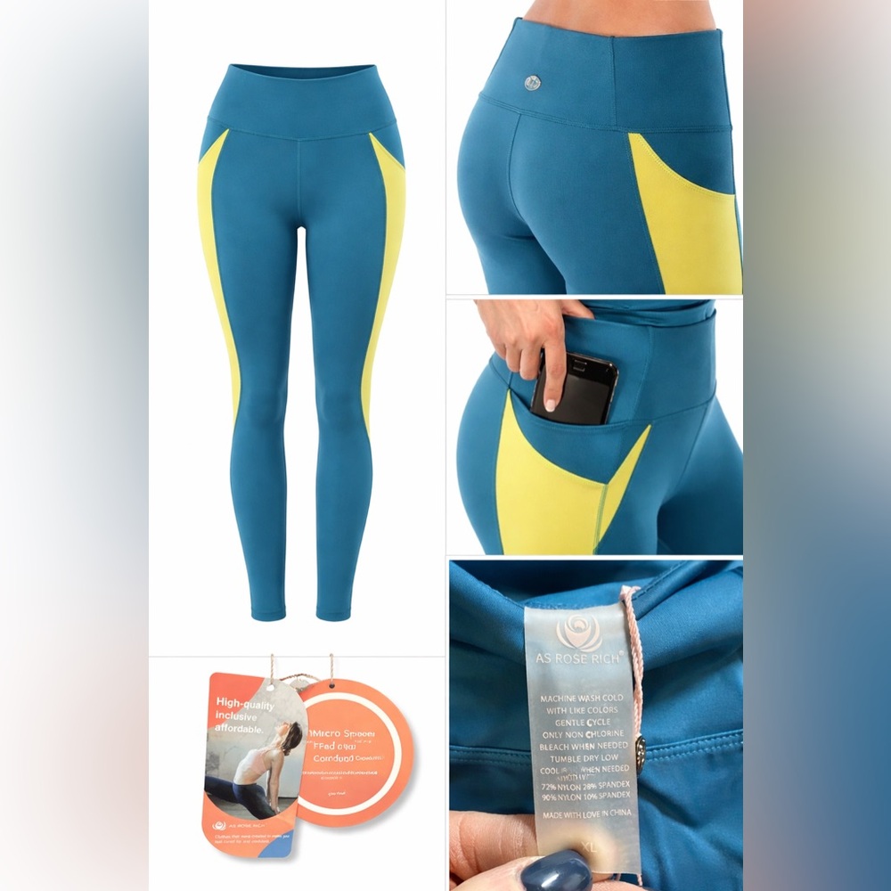 NEW AS Rose Rich High-Waist Performance Leggings – XL – Teal/Yellow